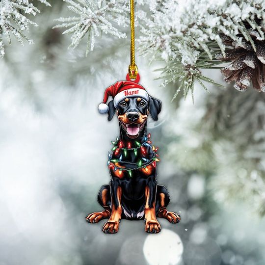 Personalized Doberman Pinscher Dog Christmas Lights Ornament, Doberman Pinscher Dog Ornament Gift, Dobermann Dog Ornament