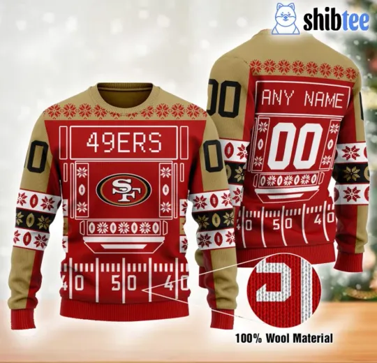 Discover 49Er football Custom Name Number Ugly Christmas Sweater