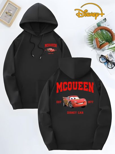 Discover Disney Women's Cars Lighting McQueen EST 1977 Hoodie Red and White Lightning McQueen Design Autumn/Winter Sweatshirt