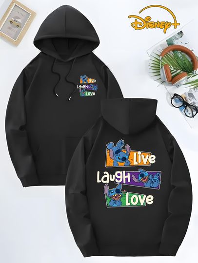 Discover Disney Stitch Live Laugh Love Women's Hoodie Double Sided Cartoon Print Design Disney Fan Clothing Gift Playful Design