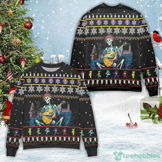 Discover 2025 Grateful De*d Skeleton Playing Guitar Ugly Christmas Sweater Allsize