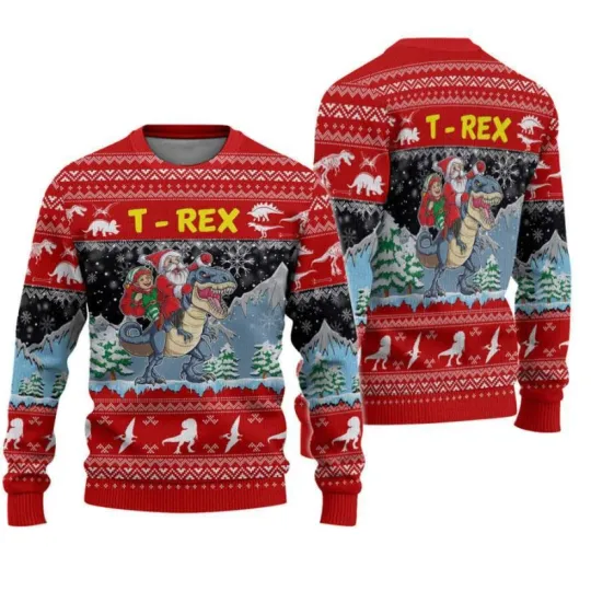 Santa Riding T-Rex Ugly Christmas Sweater, Perfect Holiday Gift