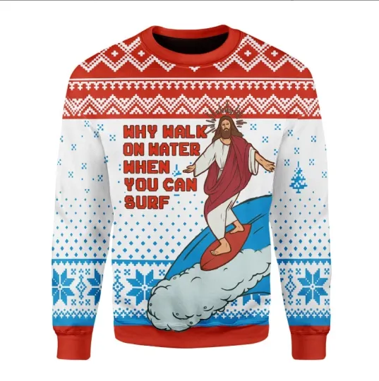 Discover Jesus Surfing Ugly Christmas Sweater, Perfect Holiday Gift