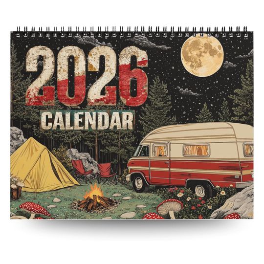 Discover 2026 Camping Themed Monthly Wall Calendar with Moon Phases