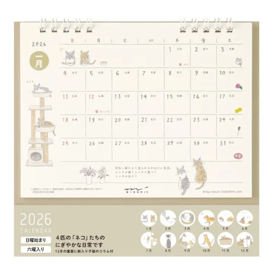 Discover Cat Pattern Desk Calendar 2026 M Midori 5.71×7.09in Japanese Style New