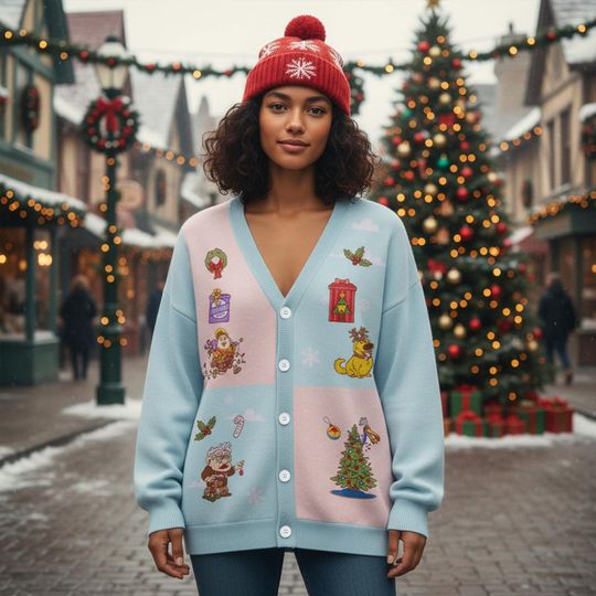 Discover Disney Christmas Pixar Up Movie Cardigan, Cute Dug Kevin Russell Carl Sweater Cardigan, Disney Pixar Holiday Knit, Cozy Disney Xmas Outfits