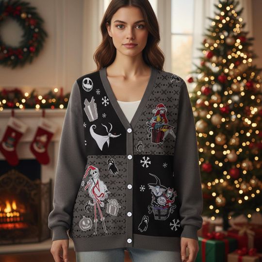 Discover Disney The Nightmare Before Christmas Cardigan, Jack Skellington Sally Zero Oogie Boogie Holiday Sweater Cardigan, Cozy Christmas Outfits
