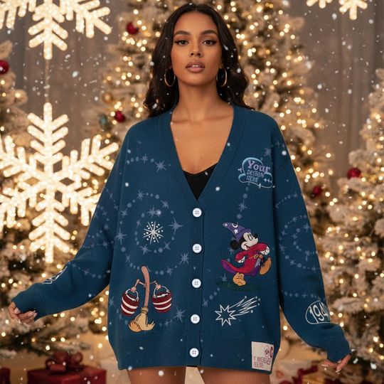 Discover Disney Fantasia Mickey Sorcerer Cardigan, 1940 Apprentice Magic Sweater Cardigan, Disney Cozy Holiday Matching Outfits