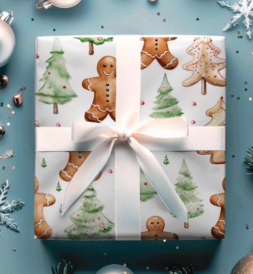 Discover Gingerbread Man Wrapping Paper, Christmas Gift Wrap, Holiday Packaging, Watercolor Xmas Wraps