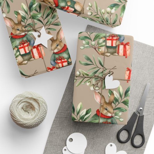 Discover Vintage Winter Rabbit Gift Wrap Roll, Holiday Wrapping Paper for Christmas & Festive Present Packaging