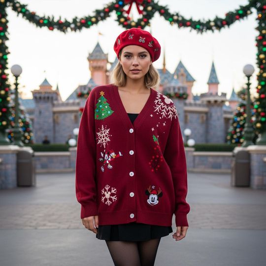 Discover Disney Christmas Minnie & Daisy Cardigan, Mickey Snowflake Knit Cardigan, Festive Red Winter Cardigan, Disney Winter Christmas Outfits