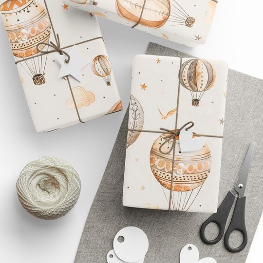 Discover Boho Hot Air Balloon Baby Shower & Boys Birthday Wrapping Paper, Baby Gift Wrap, Nursery Decor, Craft Paper