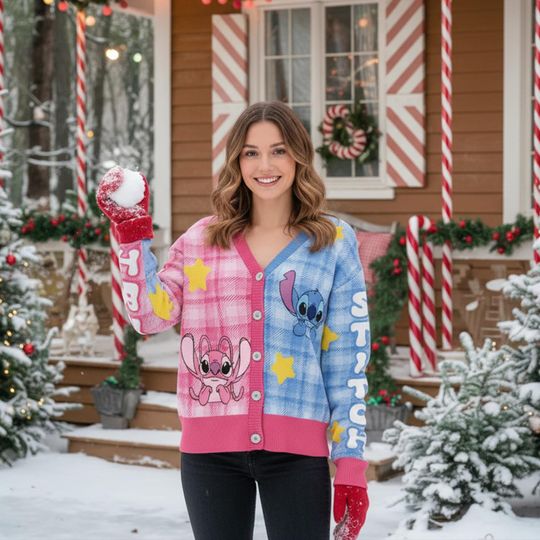 Discover Disney Lilo And Stitch Cardigan, Stitch And Angel Plaid Valentine Knit Cardigan, Disney Valentine Matching Trip Outfits