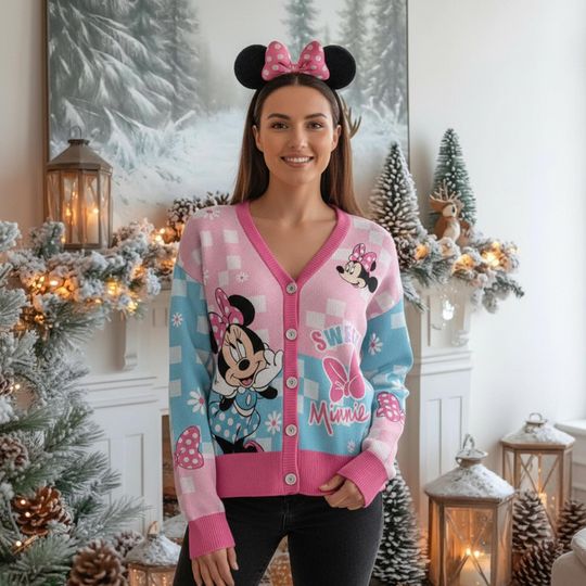 Discover Disney Cute Pastel Checkered Minnie Mouse Cardigan, Minnie Sweet Bow Knit Cardigan, Disney Winter Cardigan Family Matching Trip Outfits