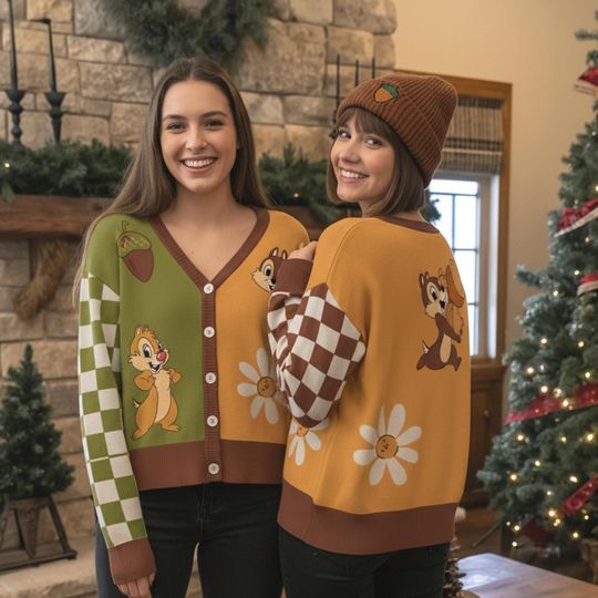 Disney Checkered Chip N Dale Cardigan, Disney Chipmunks Foral Knit Cardigan, Disney Winter Cardigan Family Matching Trip Outfits