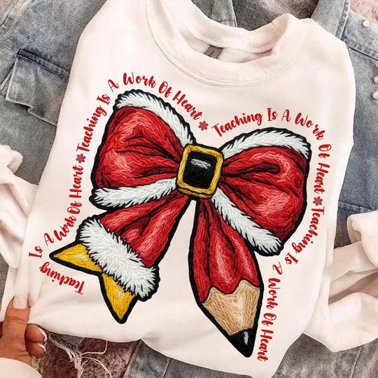 Discover Christmas Teacher Sweatshirt Pencil Bow Knitted Yarn