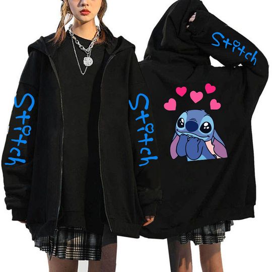 Discover Oversized Y2k Zip-up Hoodie Disney Women's Lilo & Stitch Costume Winter Clothes Woman Long Sleeve Warm Jacket Zip-up Street Tops