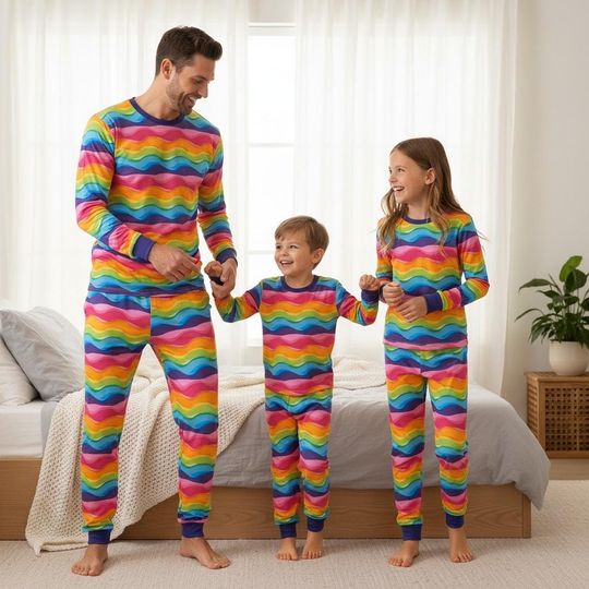 Rainbow Christmas Family Pajamas, Colorful Pajama Set, Long Sleeve Pajamas Set, Matching Pajamas Set, Fun Holiday Gift
