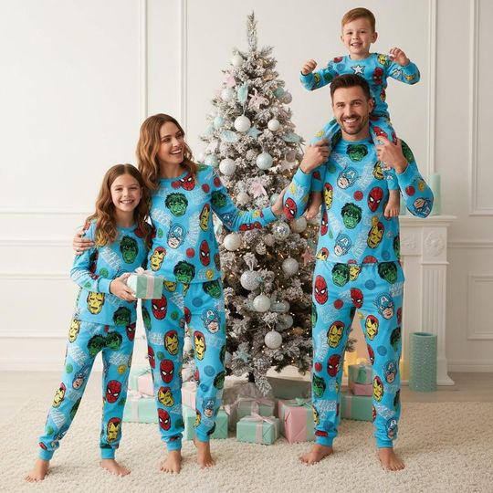 Marvel Heroes Christmas Family Pajamas, Superhero Pajama Set, Hulk Spiderman Long Sleeve Pajamas Set, Matching Pajamas Set, Holiday Gif