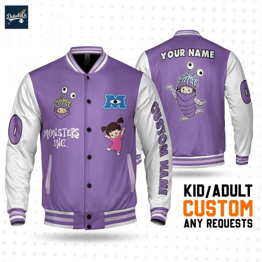 Discover Custom Varsity Jacket Monster Inc James Boo Purple Color, Kid Youth Adult Disney Jersey, Chrismast Gift for Monster Inc Fans Family