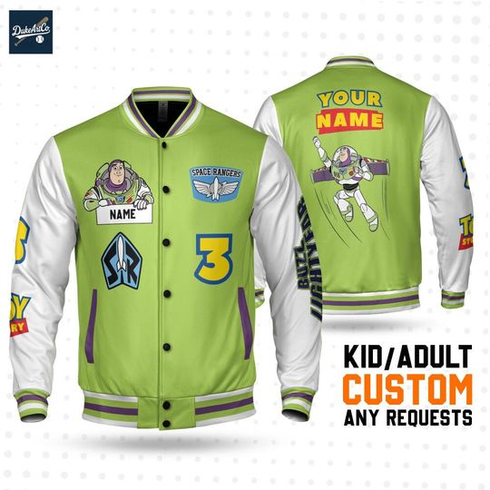 Discover Personalized Varsity Jacket BuzzLightyear Toy Story Green Color, Custom Kids,Youth,Adult Disney Jersey, Outfits Pixar Toy Story Gift For Fan