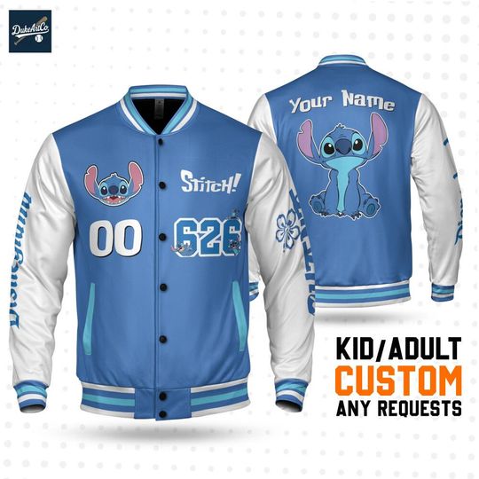 Discover Personalized Varsity Jacket Stitch Alien 626 Blue Color, Disneyland Varsity jacket, Family Matching Jersey, Stitch Birthday Gift Stitch Fan