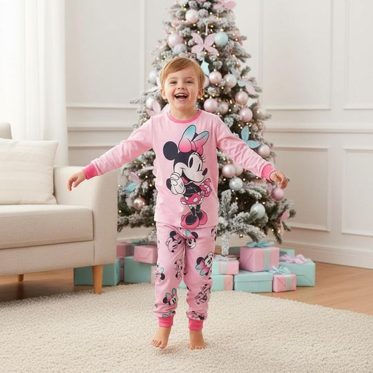 Discover Disney Minnie Mouse Long Sleeve Pajamas Set, Cartoon Christmas Pajamas Family, Fun Matching Pajamas, Holiday Gift