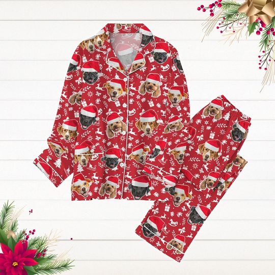Discover Custom Dog Photo Pajamas Set, Personalized Face Pajama, Pets Santa Xmas Pajamas, Christmas Party Gift For Family, Dog Owner Gift