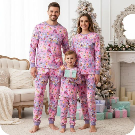 Discover Disney Princess Christmas Family Pajamas, Pink Pajama Set, Cartoon Long Sleeve Pajamas Set, Matching Pajamas Set, Christmas Gift
