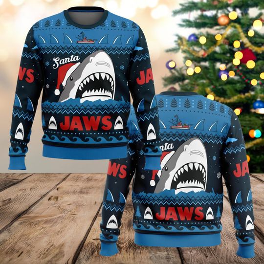 Santa Shark Jaws Ugly Christmas Sweater, Funny Shark Xmas Jumper, Jaws Parody Holiday Sweater Gift, Ocean Lover Christmas Outfit