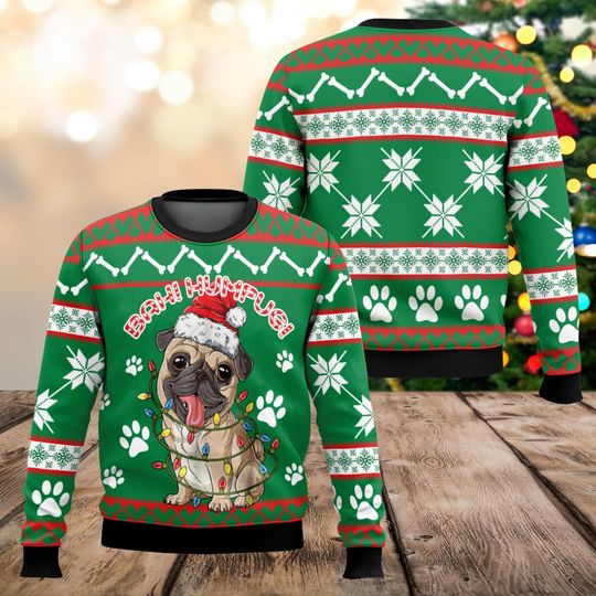 Funny Pug Ugly Christmas Sweater, Dog Lover Holiday Sweatshirt, Cute Pug Xmas Sweater for Men Women, Pet Christmas Gift