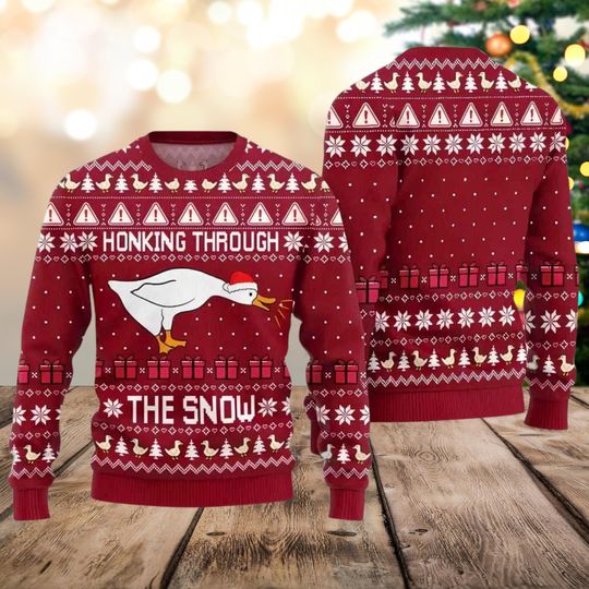 Discover Honking Through The Snow Ugly Christmas Sweater, Funny Goose Holiday Sweatshirt, Red Xmas Sweater for Men Women, Animal Lover Gift