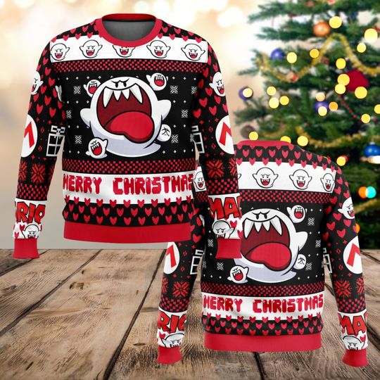 Discover Mario Ghost Ugly Christmas Sweater, Funny Boo Ghost Holiday Jumper, Gamer Xmas Sweater Gift, Retro Gaming Christmas Clothing
