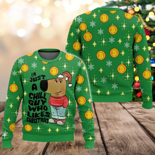 Discover Chill Guy Christmas Ugly Sweater, Funny Green Holiday Sweater, Cozy Winter Jumper, Cute Cartoon Xmas Pullover Gift