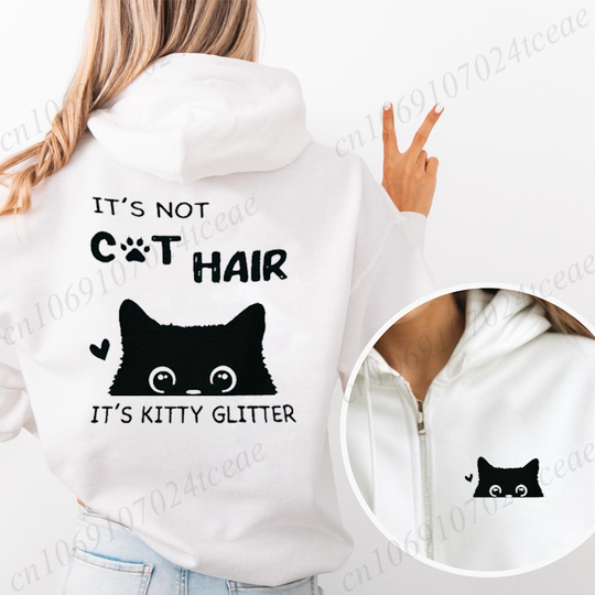 Women's Autumn Winter Hoodies It's Not Cat Hair Printed Zipper Hooded Jackets Black Cat Anime Zipper Pocket Sweatshirt Outwear