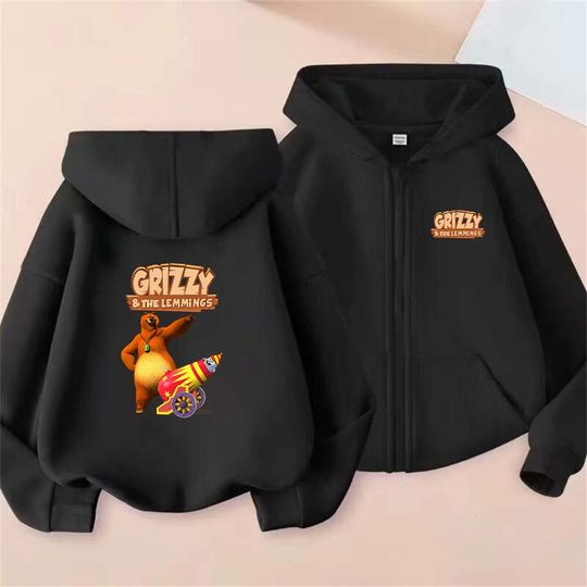 Grizzy And The Lemming Kids Cartoon Print Spring Autumn Zipper Hooded Sweatshirs 2-13 Years Boys Girls Outfits Top Clothing