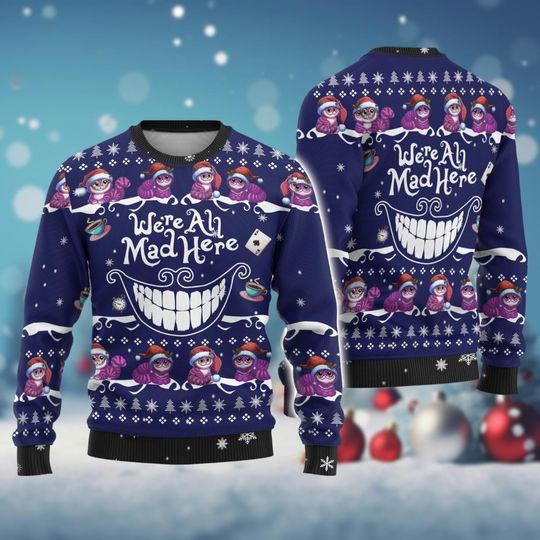 Discover Christmas Cheshire Cat Ugly Sweater, Disney Cat Xmas Sweater, Alice In Wonderland Shirt, Christmas Party Gift For Women Men Kid