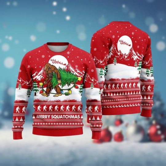 Discover Bigfoot Merry Squatchmas Ugly Christmas Sweater, Bigfoot Walking Holiday Sweater, Funny Sasquatch Sweater, Christmas Tree, Nature Lover