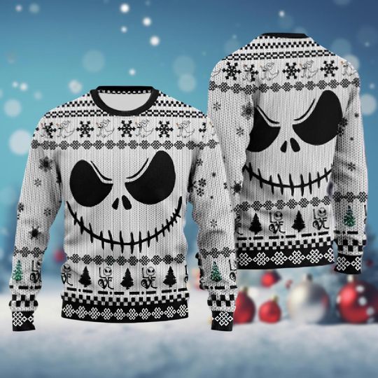 Discover Jack Skellington Ugly Christmas Sweater, Horror Characters Ugly Sweater Shirt, Skellington Face Xmas Sweater, Zero Dog Christmas Shirt