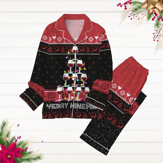 Christmas Wine Pajamas Set, Merry Winemas Holiday Pajamas, Christmas Lights Shirt, Wine Glasses Xmas Pjs, Cute Drink Xmas Pyjamas