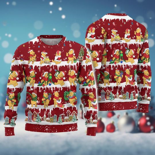 Discover Winnie The Pooh Christmas Lights Sweater, Pooh Bear Ugly Sweater, Cartoon Movie Xmas Sweater, Disney Christmas Shirt, Holiday Gift