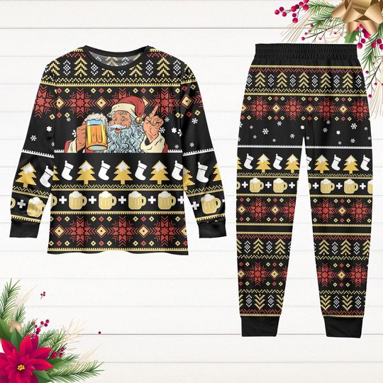 Discover Santa Beer Long Sleeve Pajamas Set, Christmas Beer Shirt, Christmas Drinking Pajamas Pants, Pajamas For Party, Set Of Pajamas, Beer Pjs