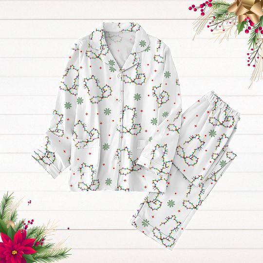 Cat Christmas Lights Pajamas Set, Cat Lover Holiday Pajamas, Cat Mom Gift, Animal Lover Pajamas Pants, Pajamas For Party, Xmas Pj Set
