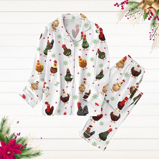 Christmas Chickens Pajamas Set, Cute Chicken Xmas Lights Shirt, Farmer Xmas Pjs, Pajamas For Party, Animal Gift, Long Sleeve Pyjamas