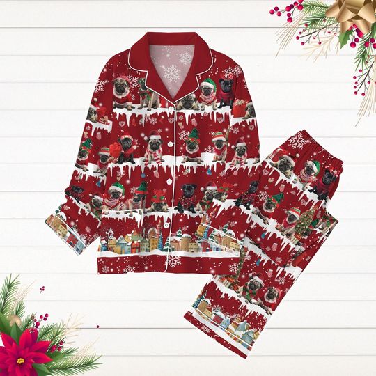 Discover Christmas Pug Dog Pajamas Set, Dog Lover Holiday Pajamas, Cute Santa Hat Pet Pajamas, Gift For Dog Owner, Winter Holiday Pjs For Party