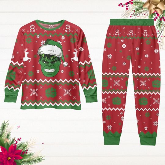 Discover Christmas Hulk Long Sleeve Pajamas Set, The Incredible Hulk Pajamas Pants, Superhero Pj Set, Pajamas For Party, Santa Hat Hulk Shirt