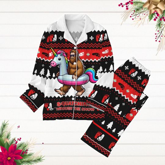 Bigfoot Christmas Pajamas Set, Sasquatch Xmas Pajamas, Hiking Shirt, Winter Holiday Pajamas, Funny Animal Pjs, Camping Lover Pyjamas