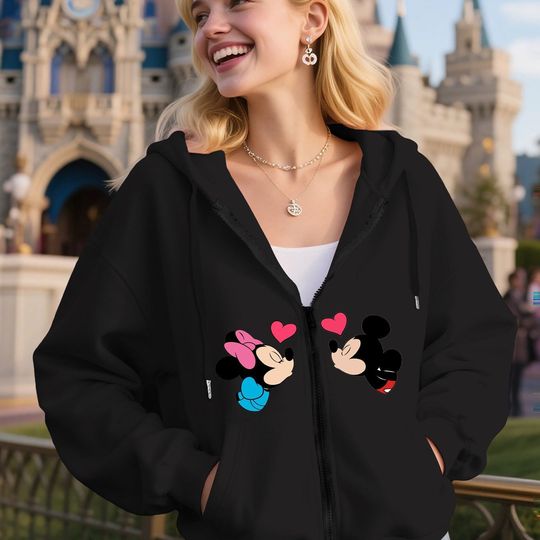 Discover A Disney Woman's Mickey and Minnie Kiss Pattern Zipper Hoodie with Cartoon Print, Casual Style for All Seasons, Disney