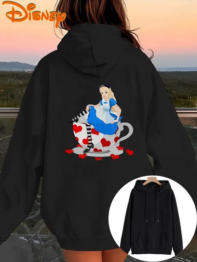 Discover Disney Women's Fleece-Lined Zip-Up Hoodie with Alice in Wonderland Graphic Print - Black Casual Pullover Sweatshirt