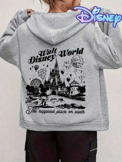 Discover Ladies' Disney Mickey Ears and Cinde Castle Printed Zipper Hoodie Soft Grey Casual Four Seasons Comfortable